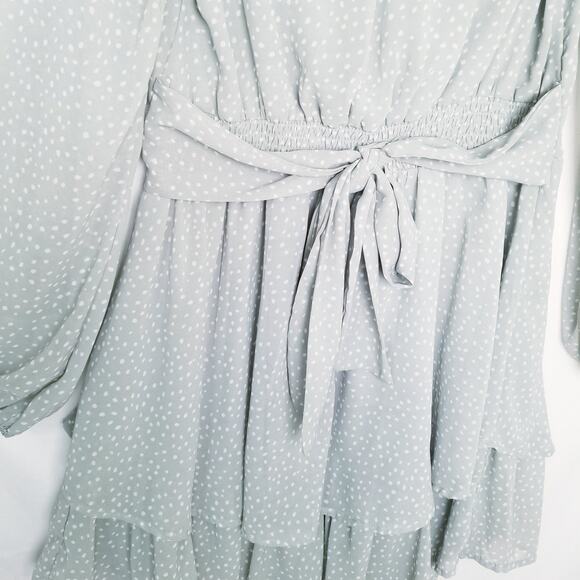 Japna Light Green Floral Tiered Career Casual Dress SZ L Long Sleeve Boho V-Neck - Picture 6 of 8